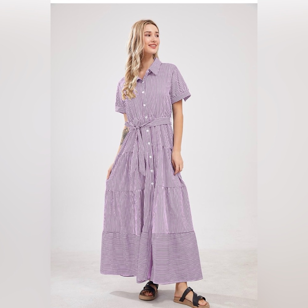 Striped Lavender Maxi Shirt Dress with Waist Tie